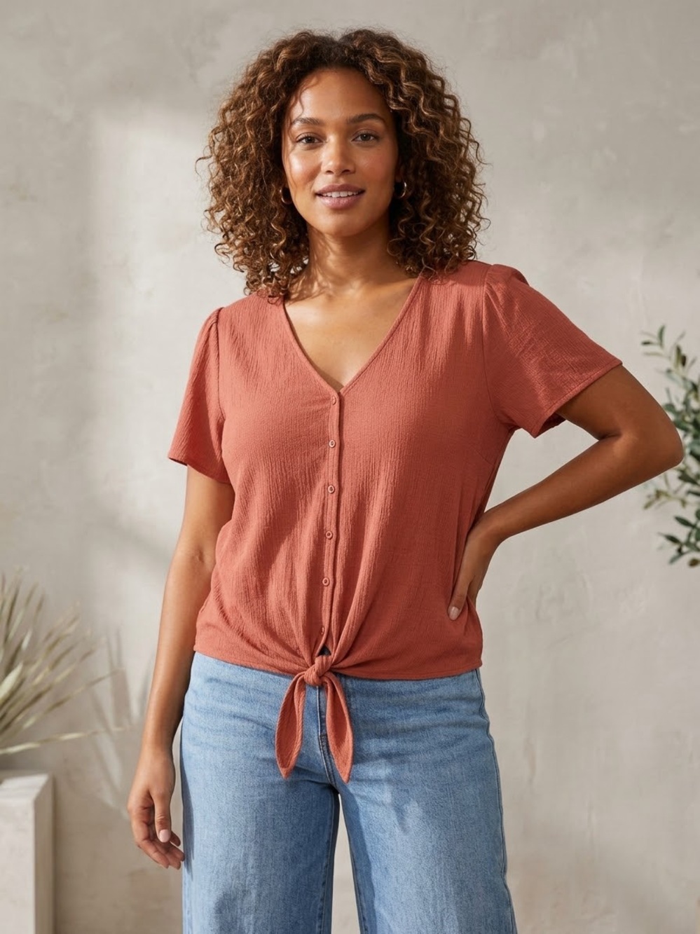LOFT Outlet Short Sleeve Tie-Front Button-Up Top Size XL Terracotta